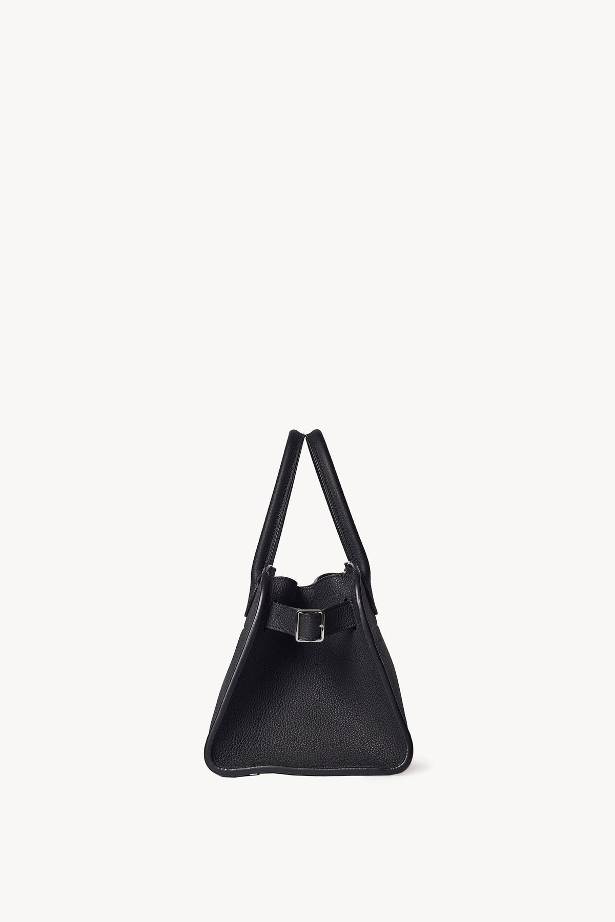 The Row Soft Margaux 10 Bag in Black, side view with buckled gusset — The Quiet Edition