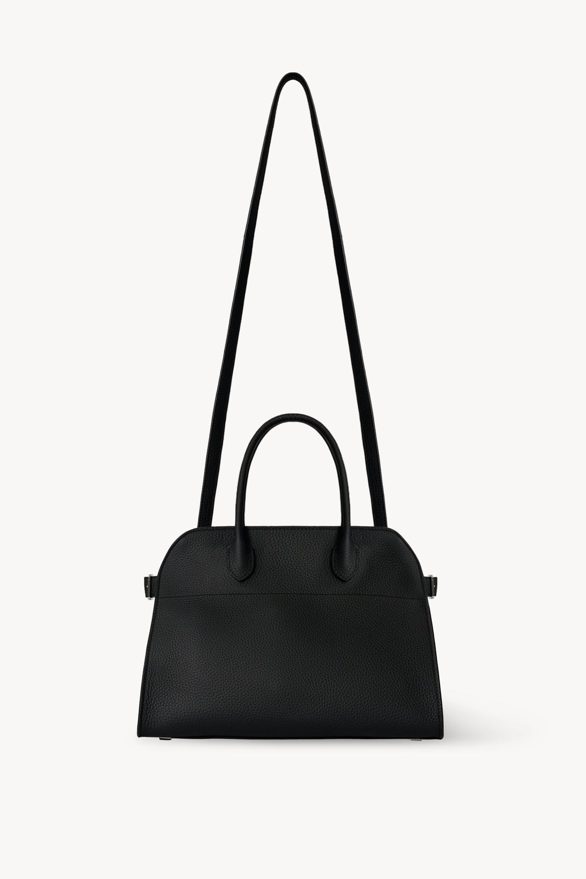 The Row Soft Margaux 12 Bag in Black, front view with shoulder strap — The Quiet Edition