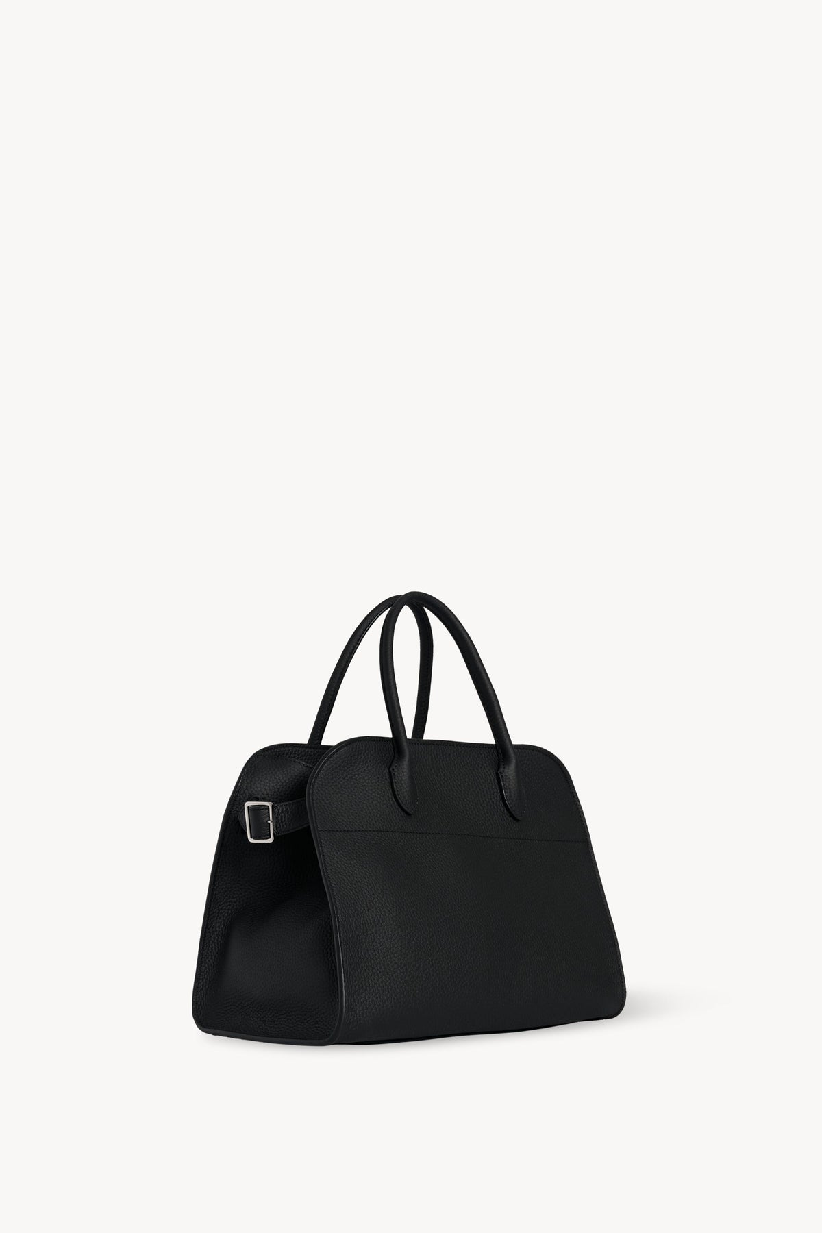 The Row Soft Margaux 12 Bag in Black, three-quarter angle view — The Quiet Edition