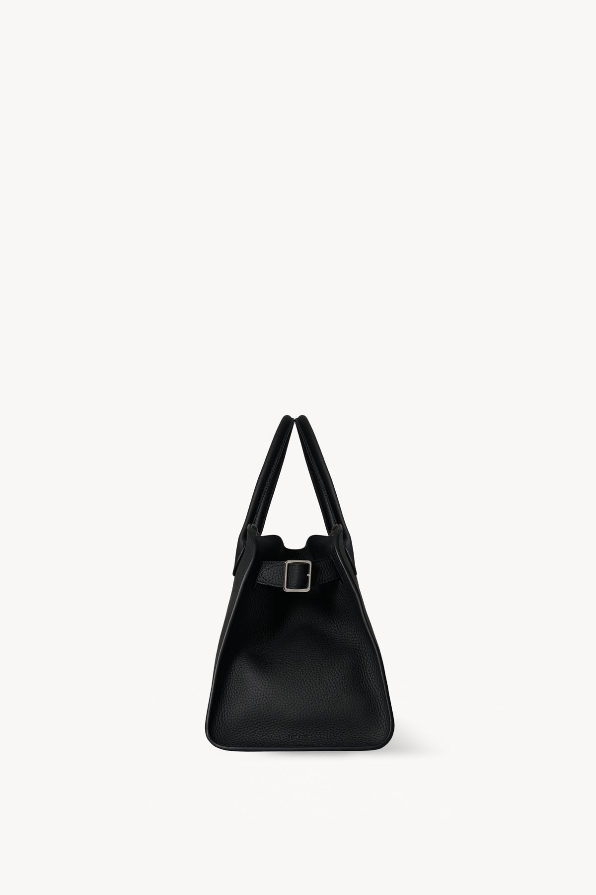 The Row Soft Margaux 12 Bag in Black, side view with buckled gusset — The Quiet Edition