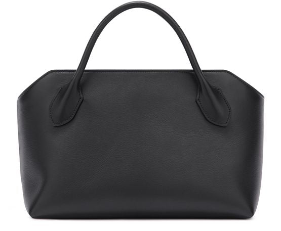 The Row Terrasse Bauletto Leather Bag in Black, angle — The Quiet Edition