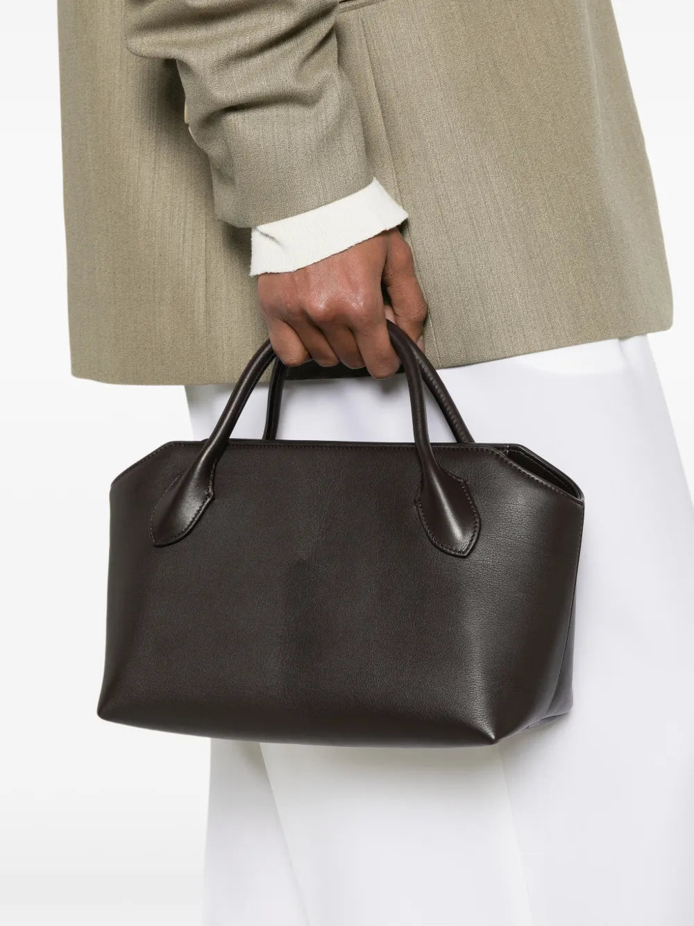 The Row Terrasse Bauletto Leather Bag in Dark Brown, back — The Quiet Edition