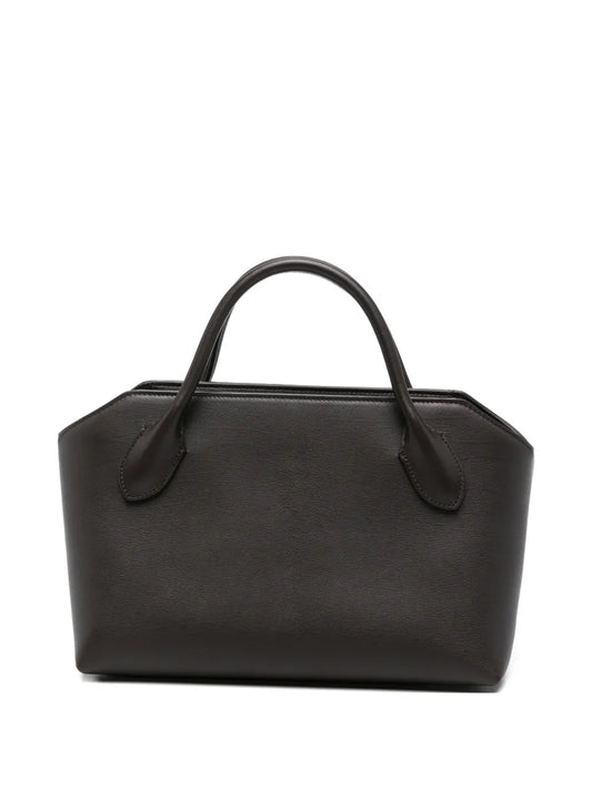 The Row Terrasse Bauletto Leather Bag in Dark Brown, front — The Quiet Edition