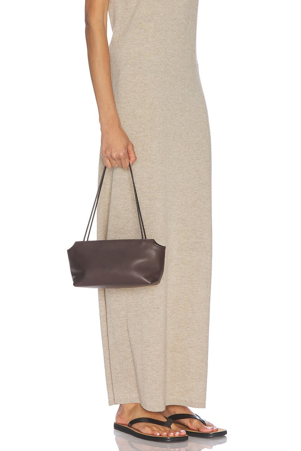 The Row Terrasse Leather To-Go Bag in Brown, on model — The Quiet Edition