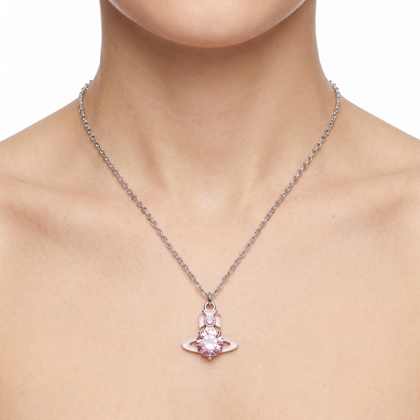 Vivienne Westwood Orb Pendant Necklace in Red, model detail — The Quiet Edition