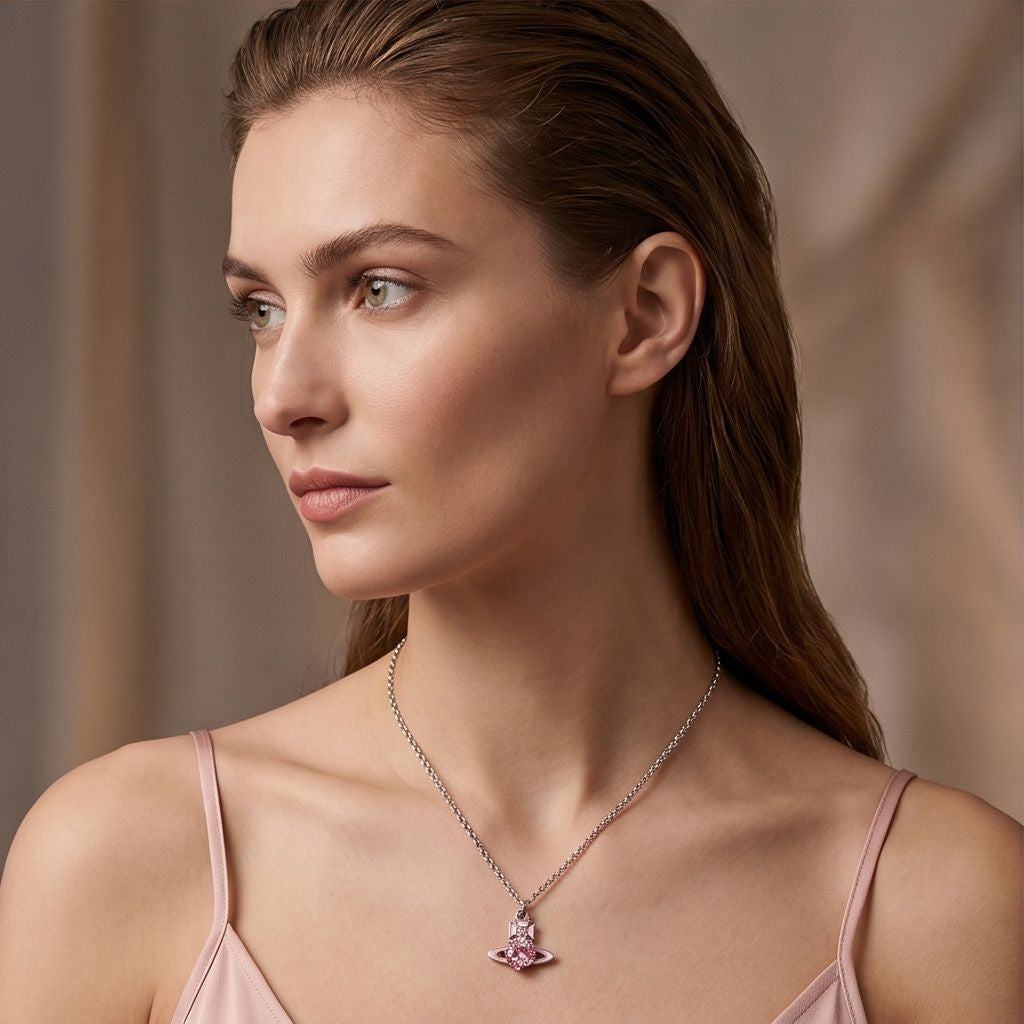 Vivienne Westwood Orb Pendant Necklace in Red, model side — The Quiet Edition
