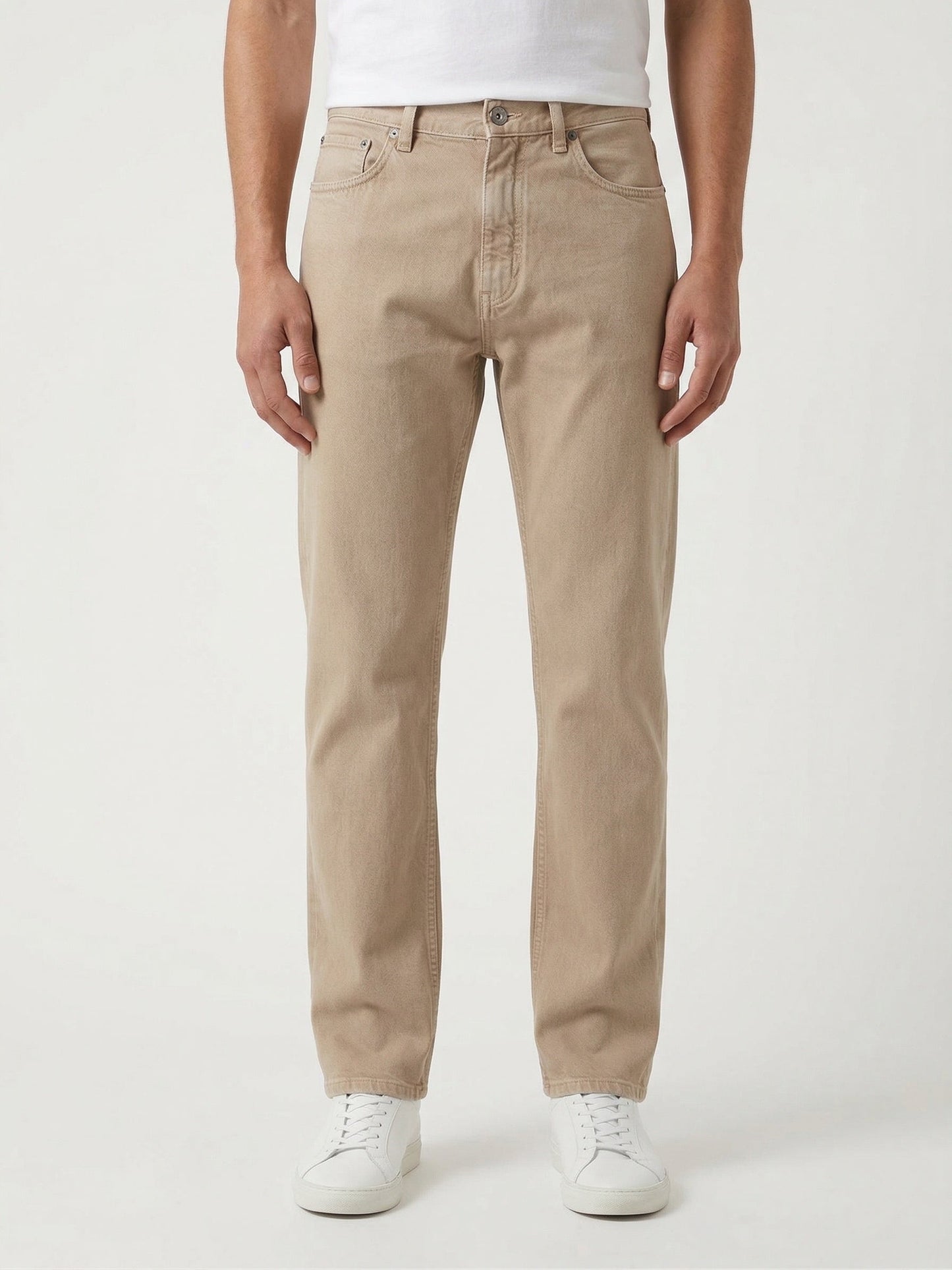 Z Zegna five-pocket cotton trousers in sand, on model front view — The Quiet Edition