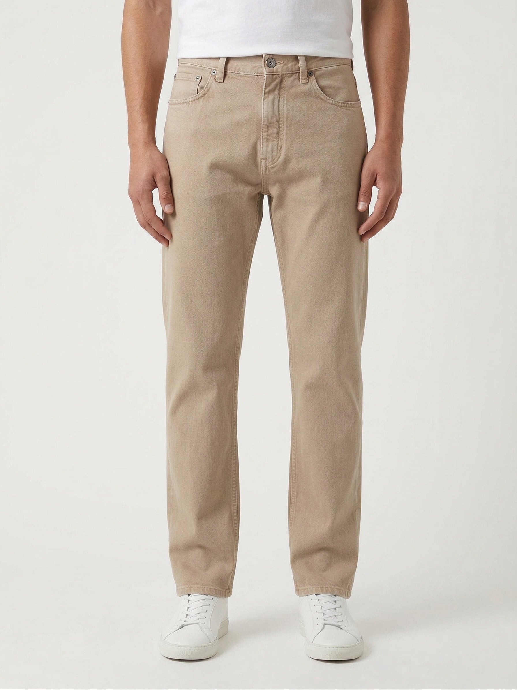 Z Zegna five-pocket cotton trousers in sand, on model front view — The Quiet Edition