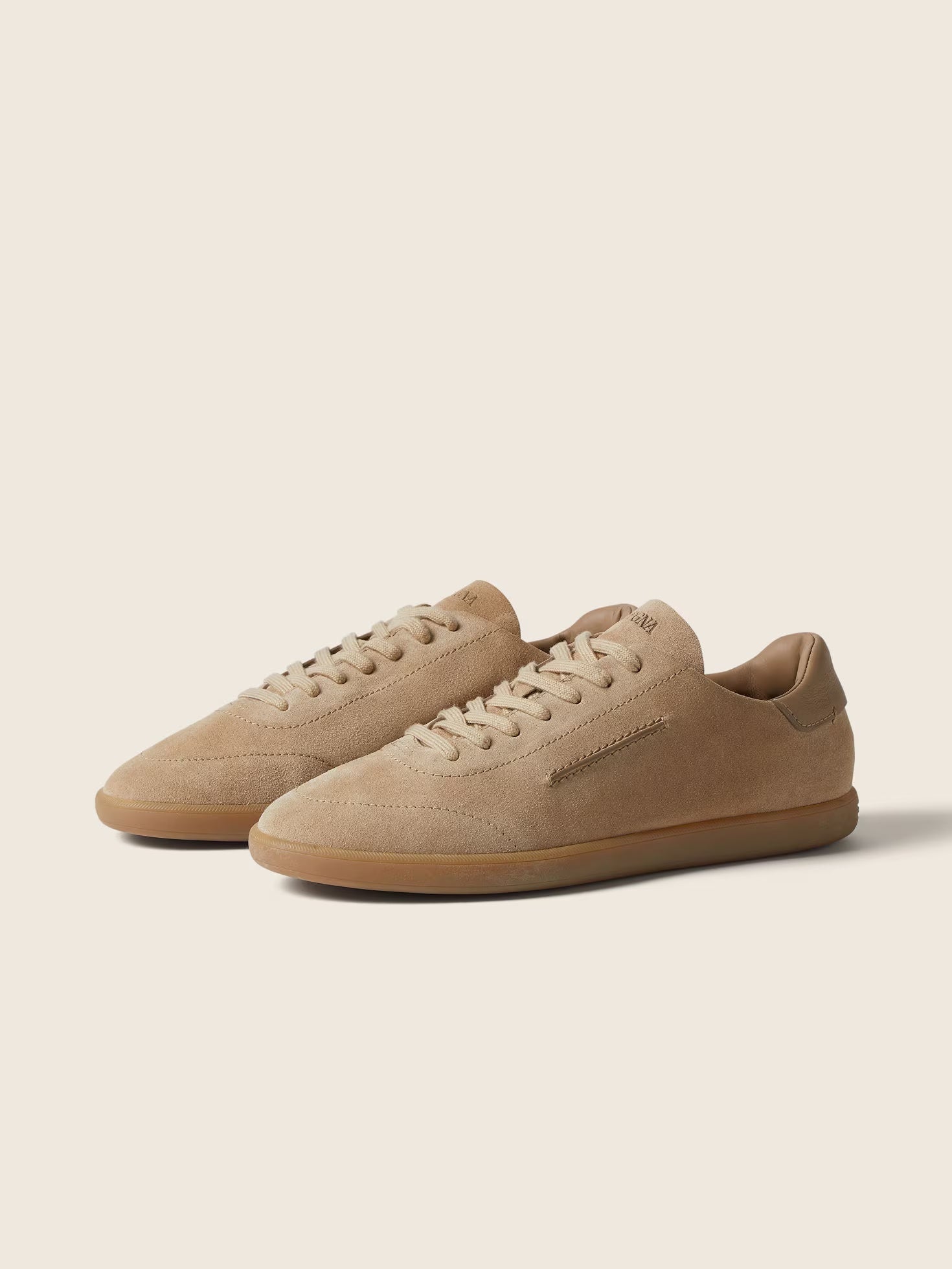 Zegna 232 suede sneaker in beige, top view — The Quiet Edition