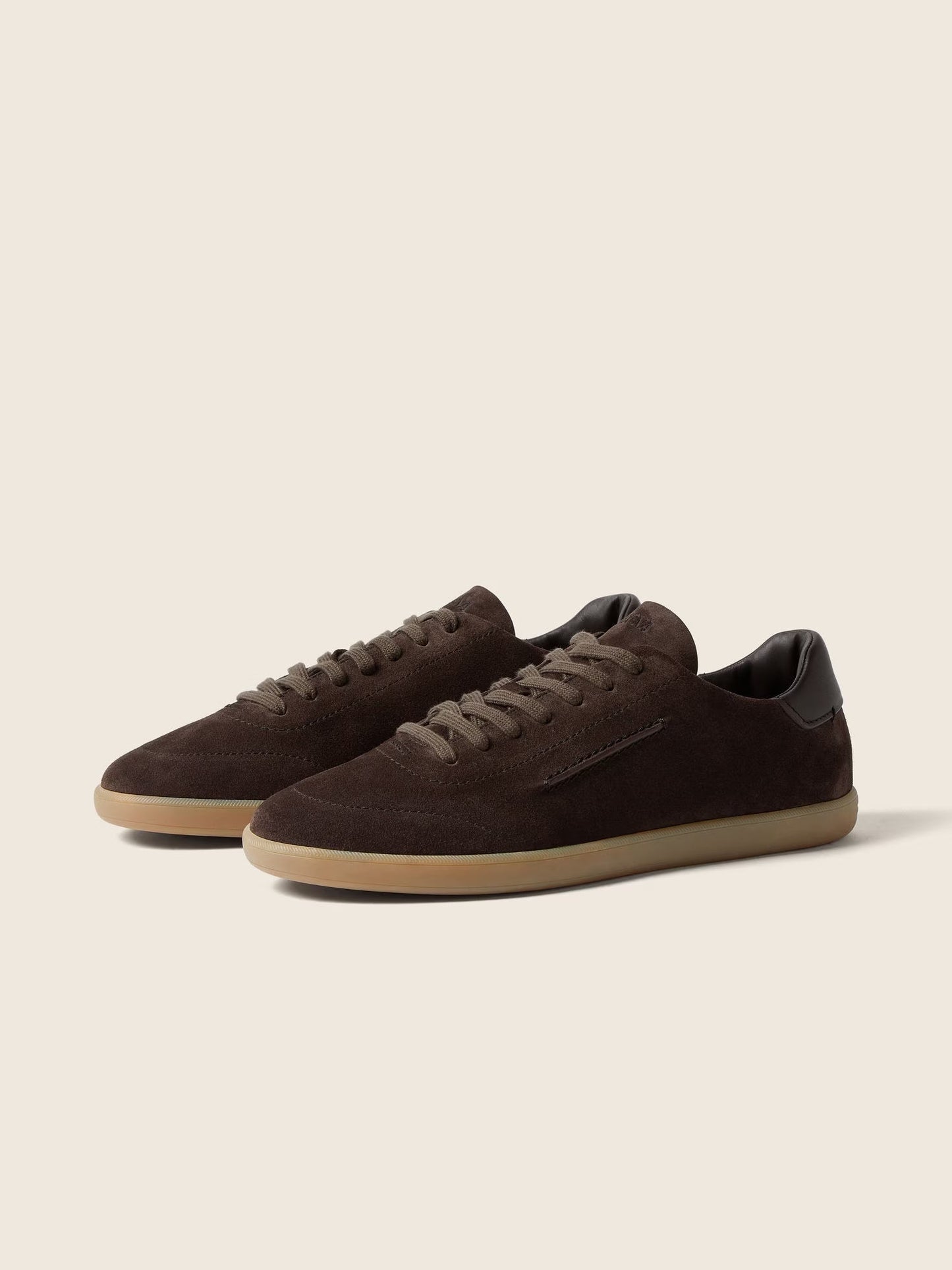 Zegna 232 suede sneaker in dark brown, front angle — The Quiet Edition
