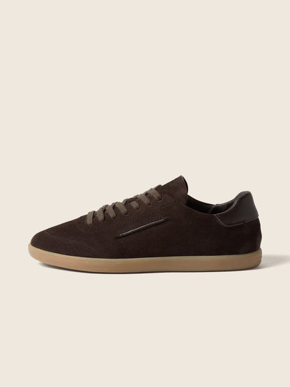 Zegna 232 suede sneaker in dark brown, side view — The Quiet Edition