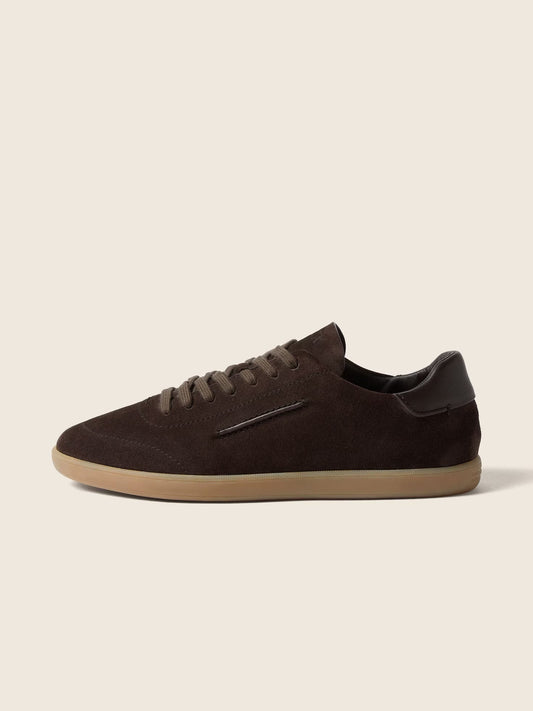Zegna 232 suede sneaker in dark brown, side view — The Quiet Edition