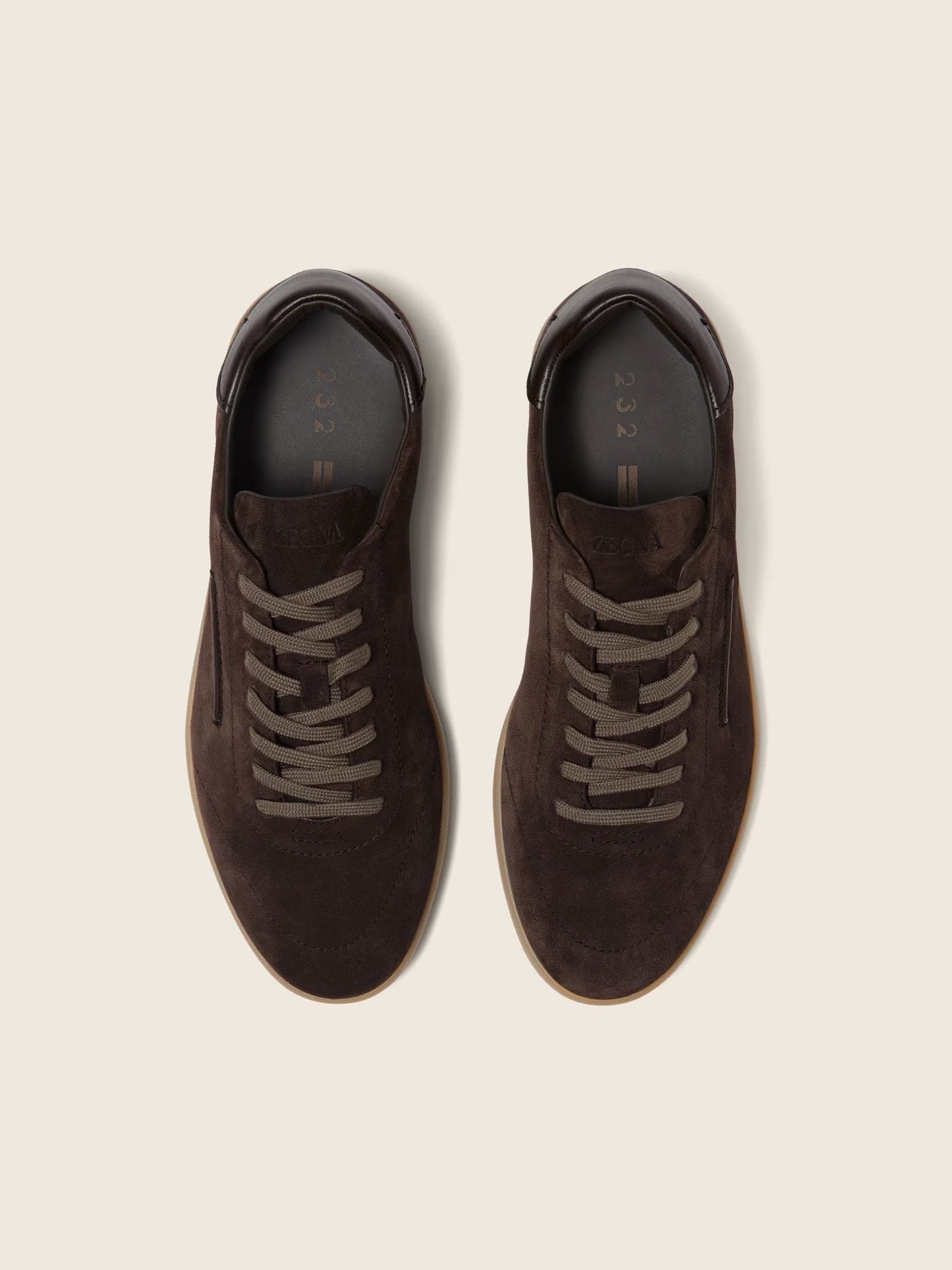Zegna 232 suede sneaker in dark brown, top view — The Quiet Edition