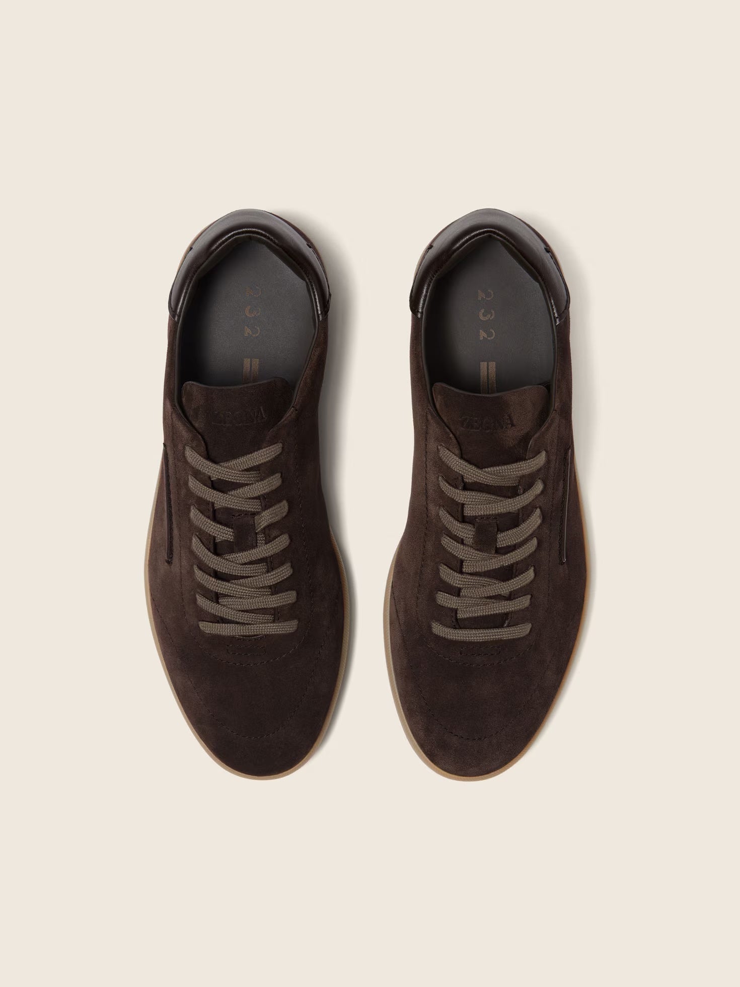 Zegna 232 suede sneaker in dark brown, top view — The Quiet Edition