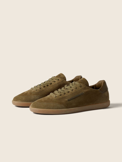 Zegna 232 suede sneaker in olive, front angle — The Quiet Edition