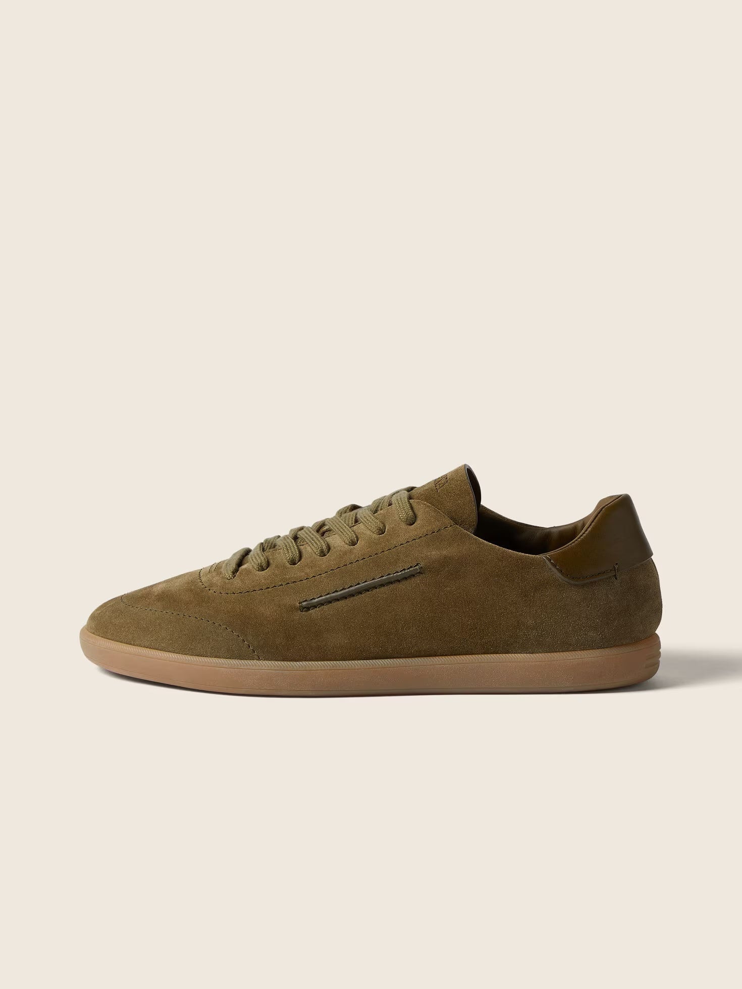 Zegna 232 suede sneaker in olive, side view — The Quiet Edition