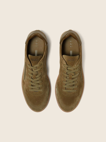 Zegna 232 suede sneaker in olive, top view — The Quiet Edition