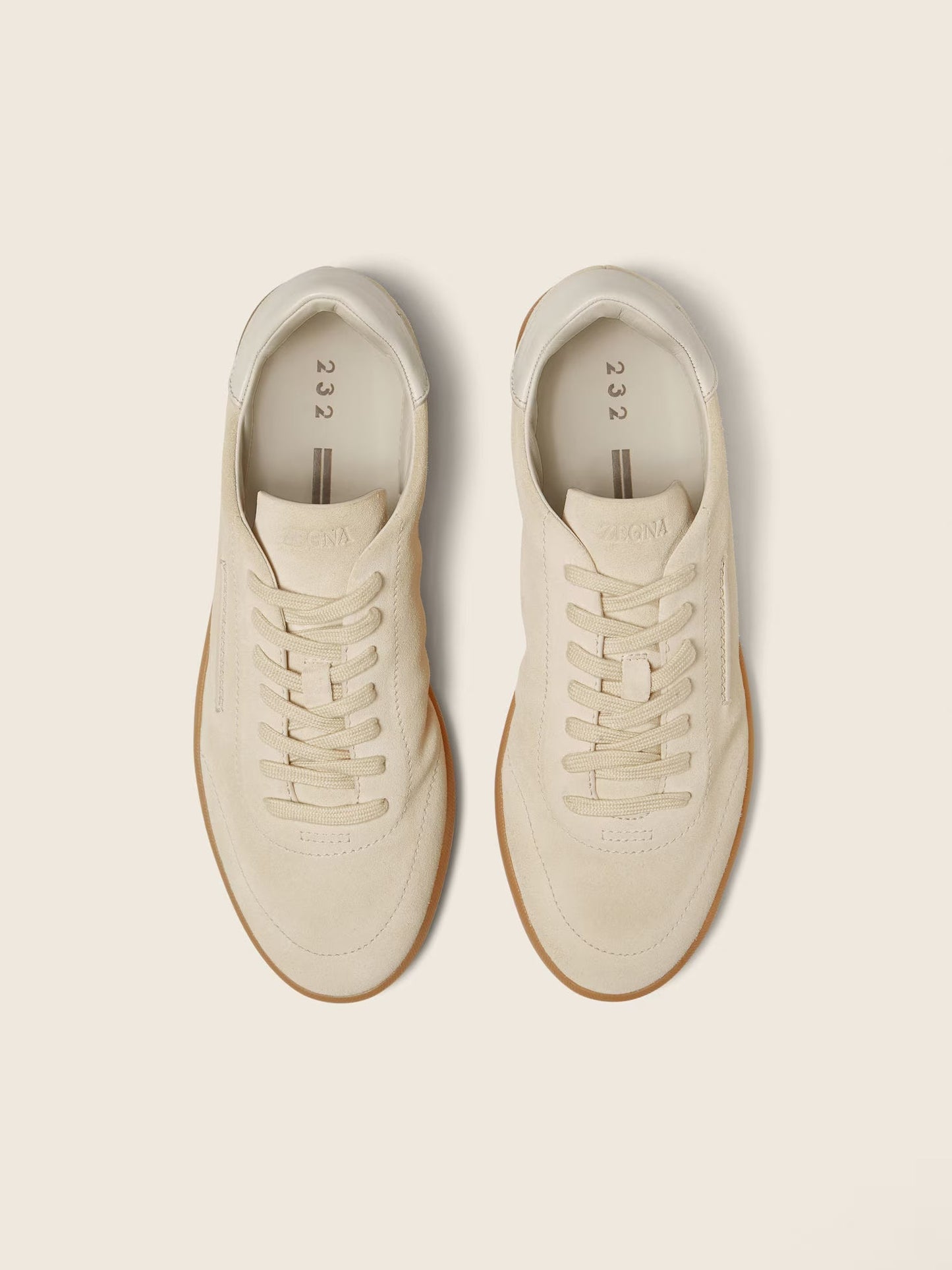Zegna 232 suede sneaker in white, top view — The Quiet Edition