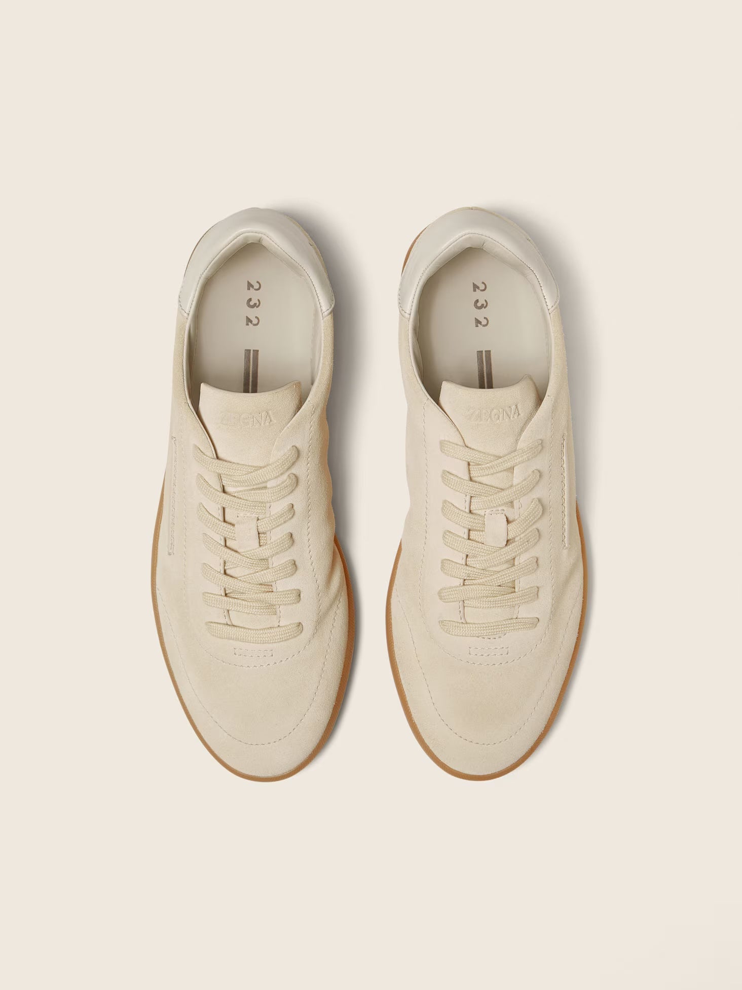 Zegna 232 suede sneaker in white, top view — The Quiet Edition
