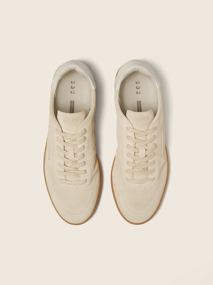 Zegna 232 suede sneaker in white, top view — The Quiet Edition