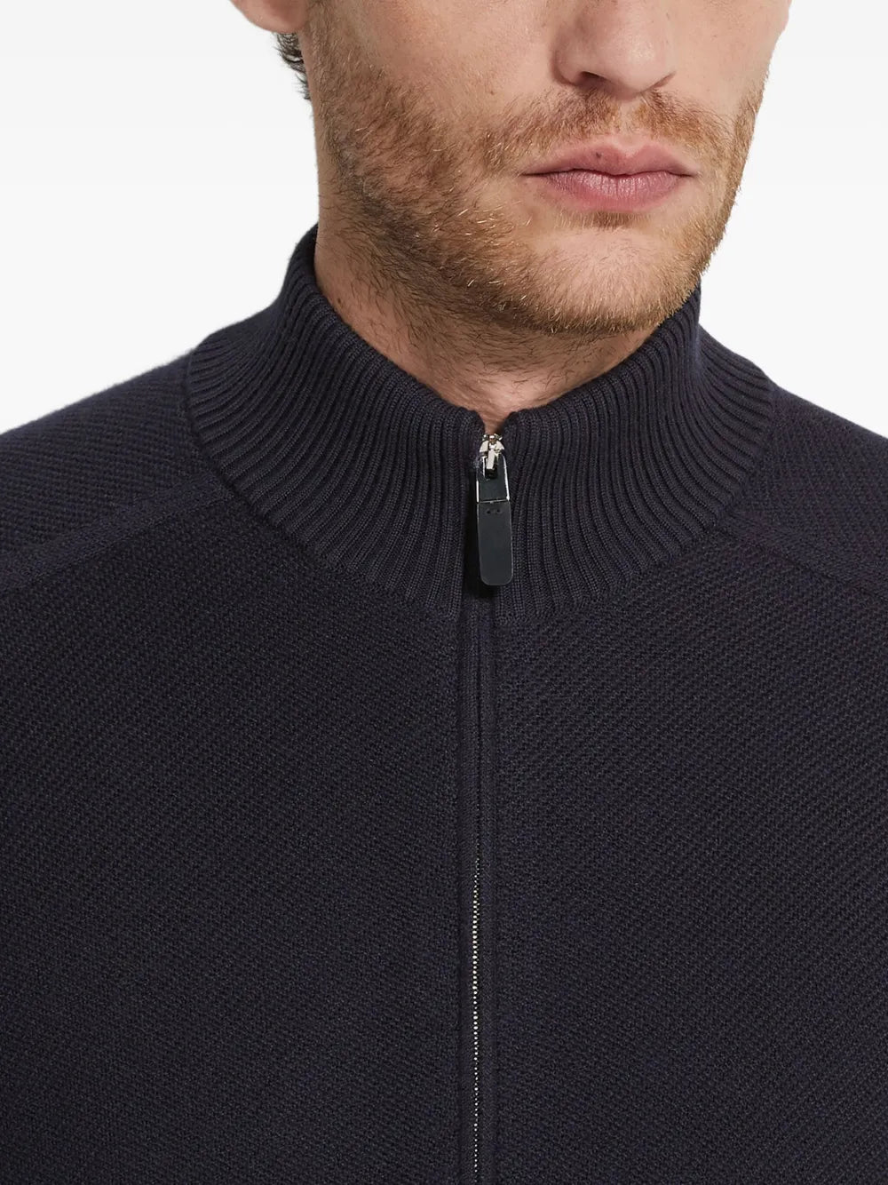 Zegna Cashmere and Silk Zip-Up Cardigan in blue, collar and zip detail | The Quiet Edition