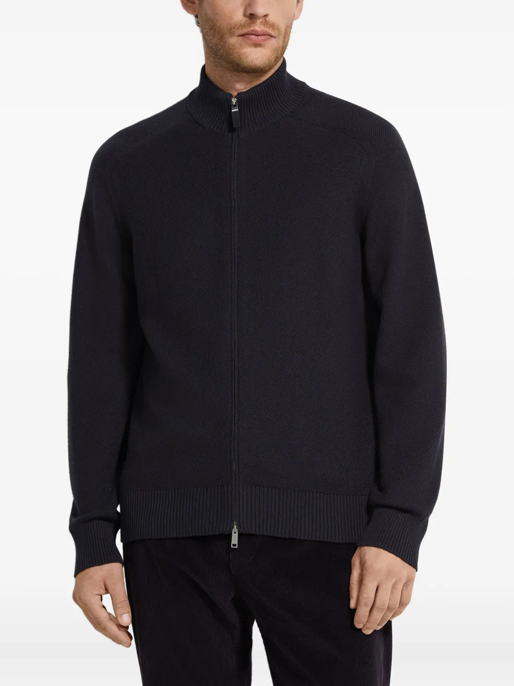 Zegna Cashmere and Silk Zip-Up Cardigan in blue, worn front view | The Quiet Edition