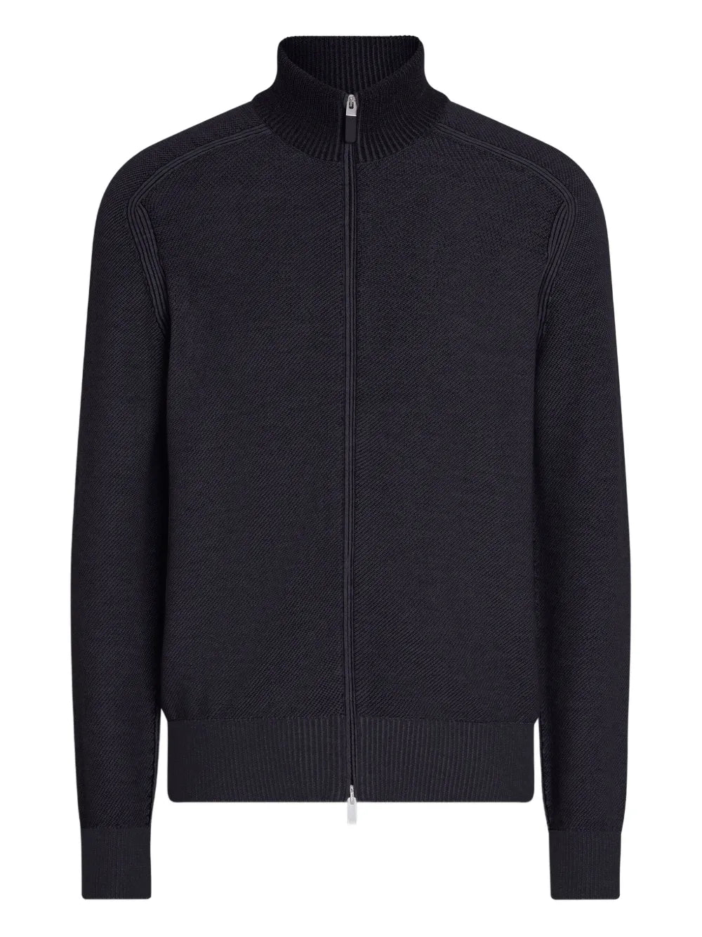 Zegna Cashmere and Silk Zip-Up Cardigan in blue, front view | The Quiet Edition