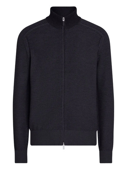 Zegna Cashmere and Silk Zip-Up Cardigan in blue, front view | The Quiet Edition