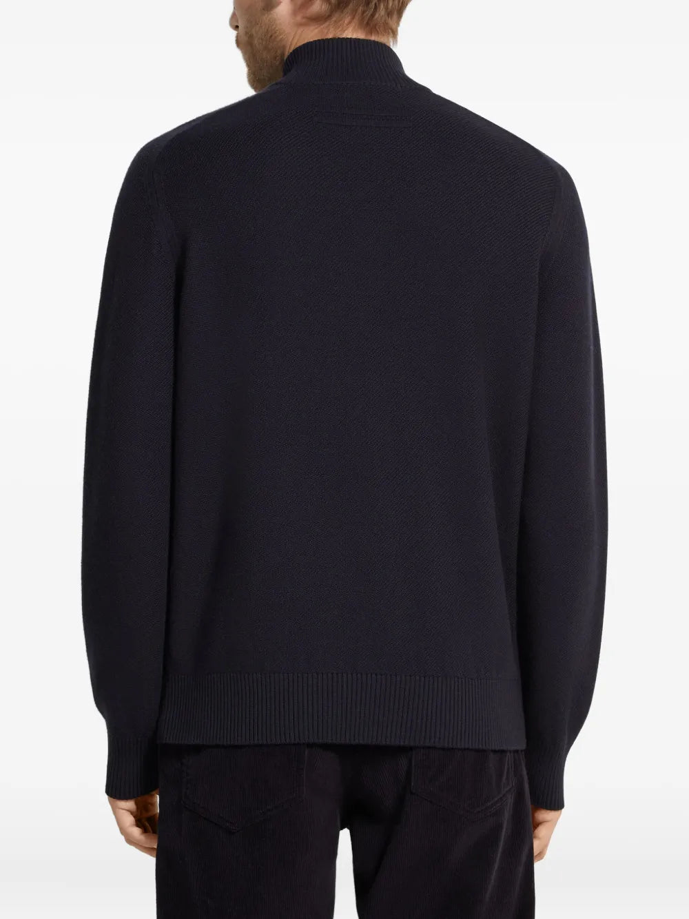 Zegna Cashmere and Silk Zip-Up Cardigan in blue, worn back view | The Quiet Edition