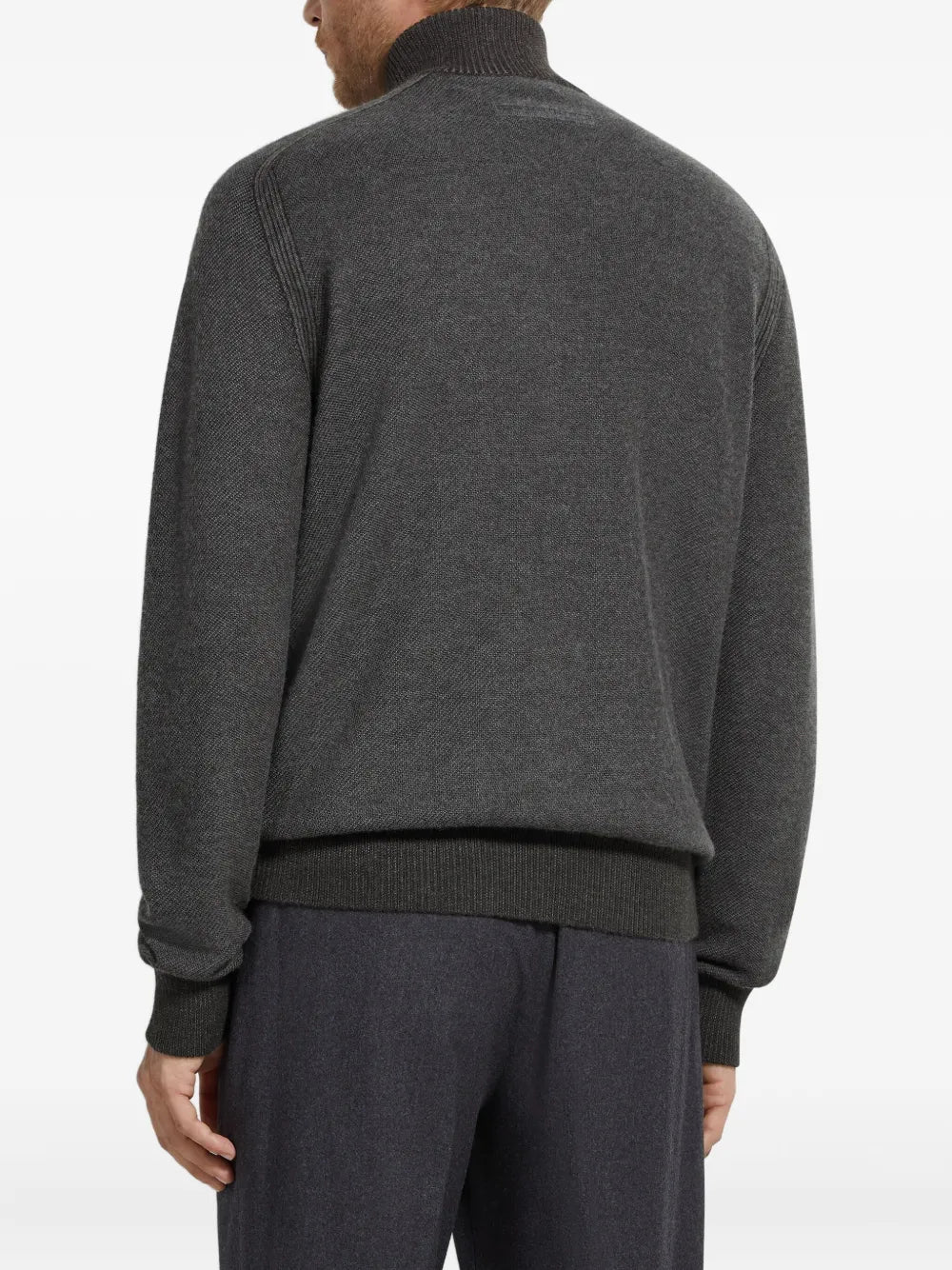 Zegna Cashmere and Silk Zip-Up Cardigan in grey, worn back view | The Quiet Edition