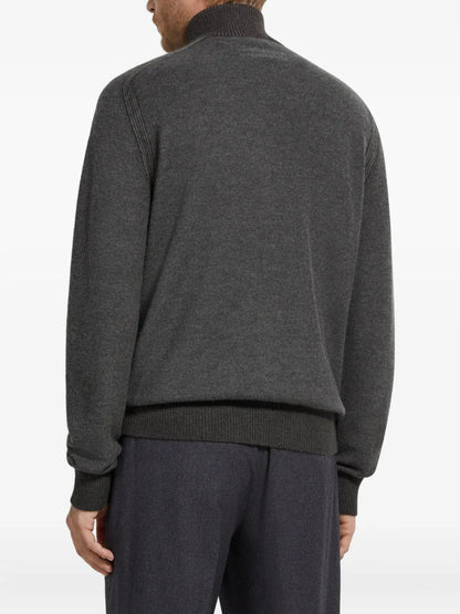 Zegna Cashmere and Silk Zip-Up Cardigan in grey, worn back view | The Quiet Edition