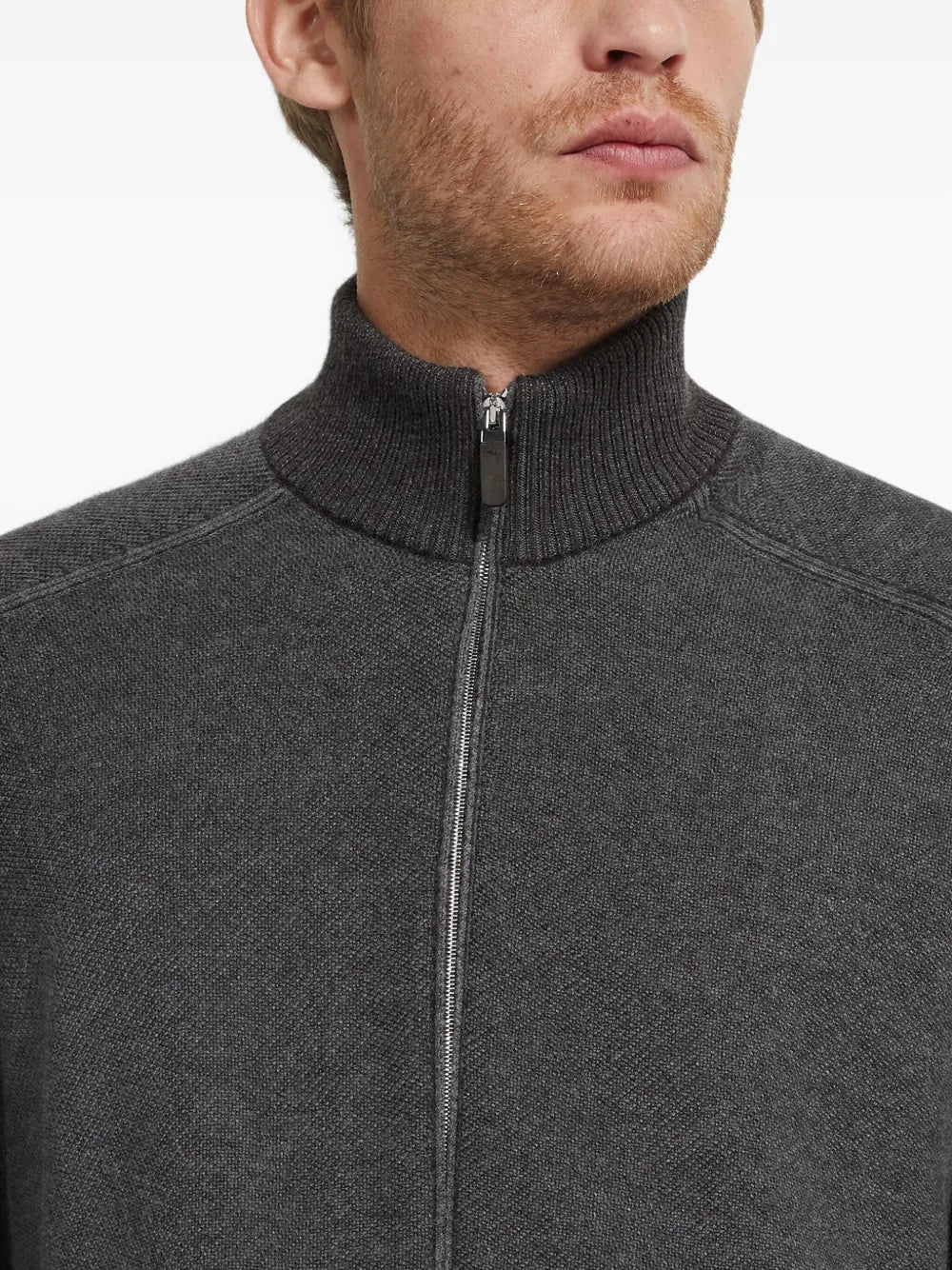 Zegna Cashmere and Silk Zip-Up Cardigan in grey, collar and zip detail | The Quiet Edition