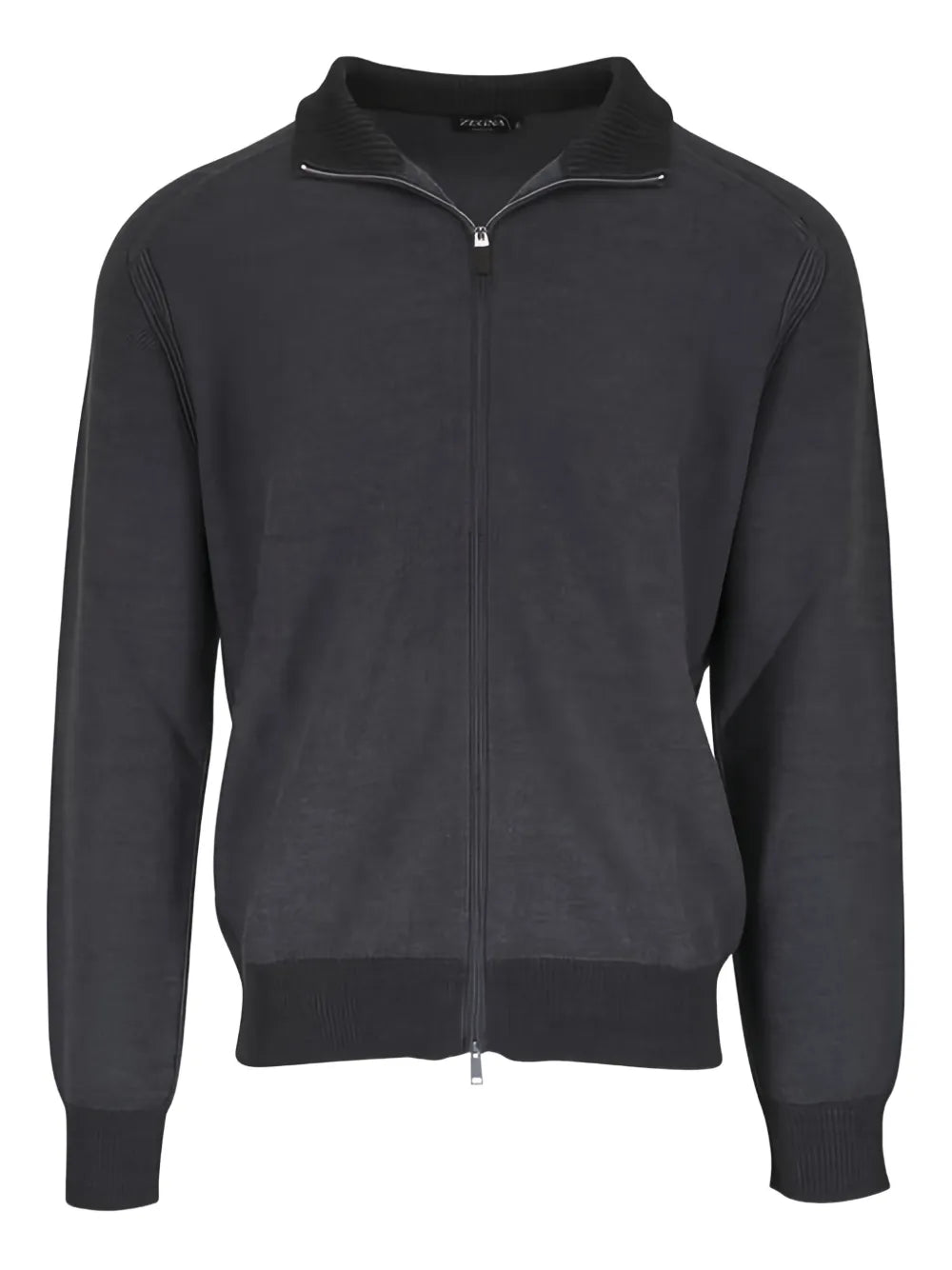 Zegna Cashmere and Silk Zip-Up Cardigan in grey, front view | The Quiet Edition