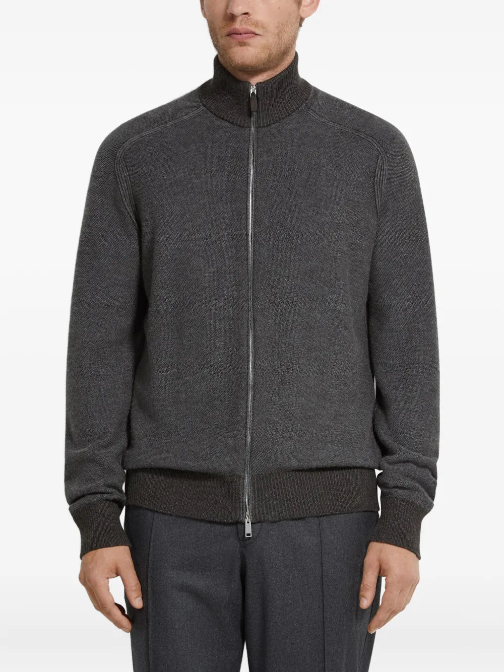 Zegna Cashmere and Silk Zip-Up Cardigan in grey, worn front view | The Quiet Edition