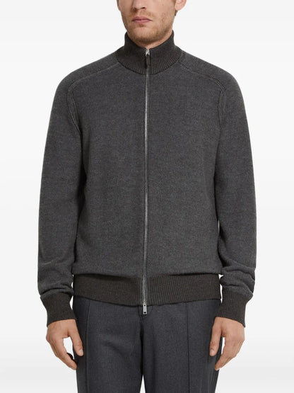 Zegna Cashmere and Silk Zip-Up Cardigan in grey, worn front view | The Quiet Edition