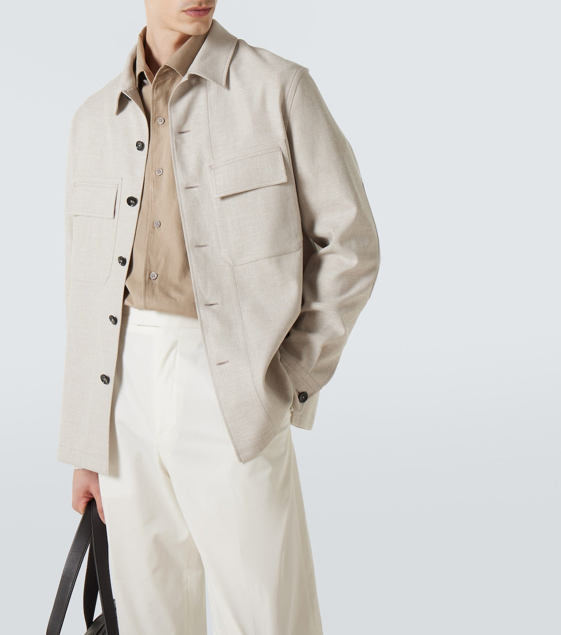 Zegna Linen Wool and Silk-Blend Overshirt in Brown, detail — The Quiet Edition