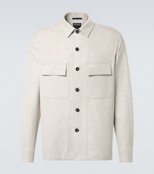 Zegna Linen Wool and Silk-Blend Overshirt in Brown, front — The Quiet Edition