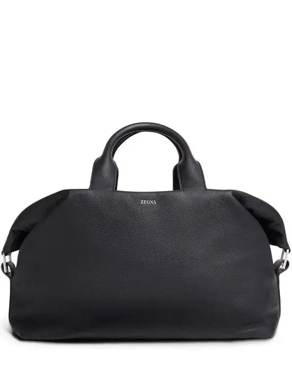 Zegna raglan deerskin holdall - black in Black, model front — The Quiet Edition