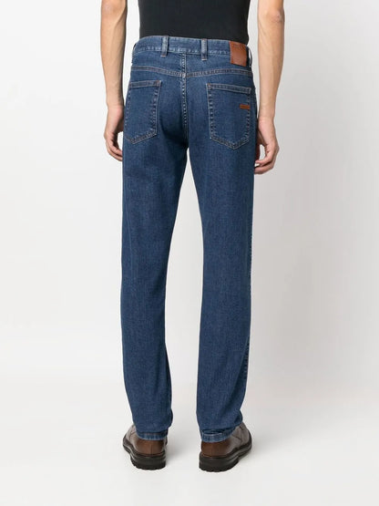 Zegna Roccia Slim-Fit Jeans in Blue, angle — The Quiet Edition