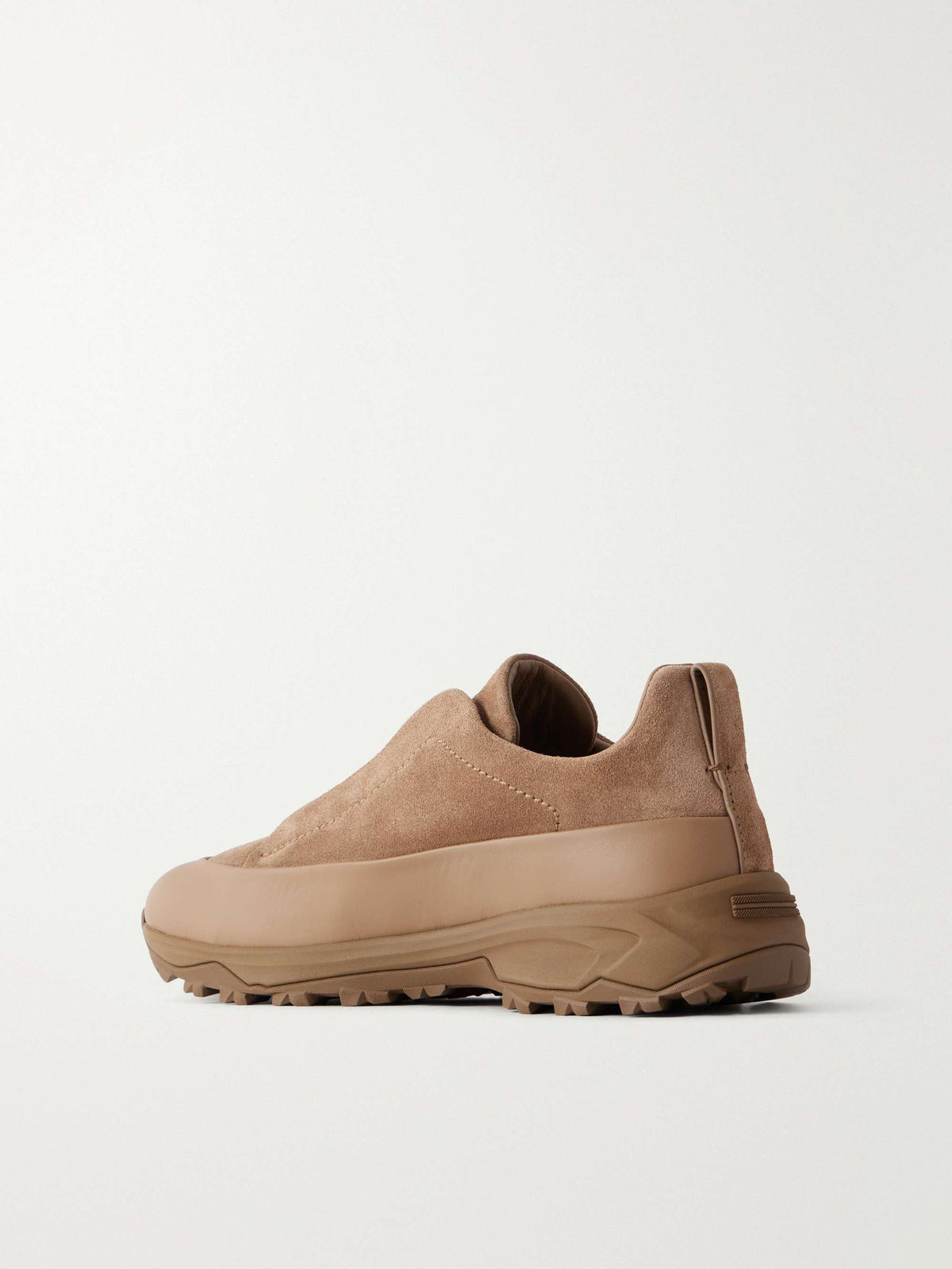 Zegna Triple Stitch Monte Suede Sneakers in camel, back three-quarter view | The Quiet Edition