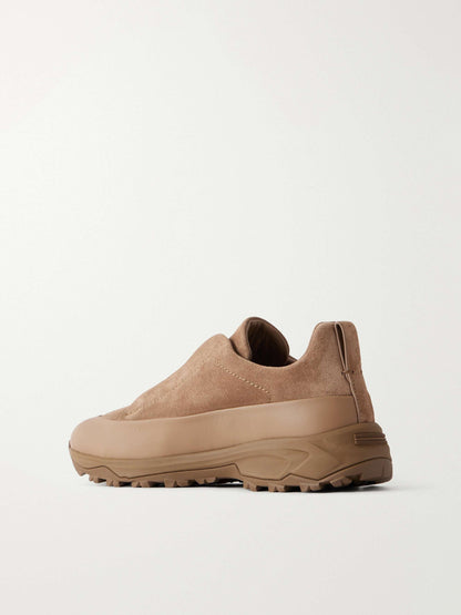 Zegna Triple Stitch Monte Suede Sneakers in camel, back three-quarter view | The Quiet Edition