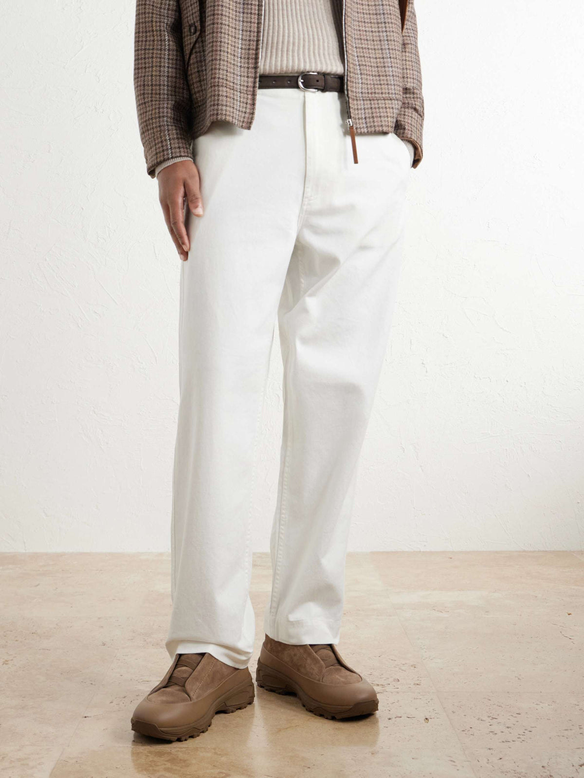 Zegna Triple Stitch Monte Suede Sneakers in camel, worn view | The Quiet Edition