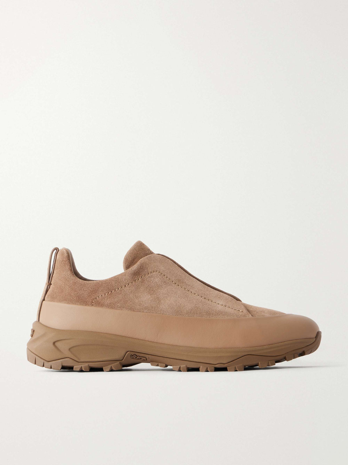Zegna Triple Stitch Monte Suede Sneakers in camel, side view | The Quiet Edition