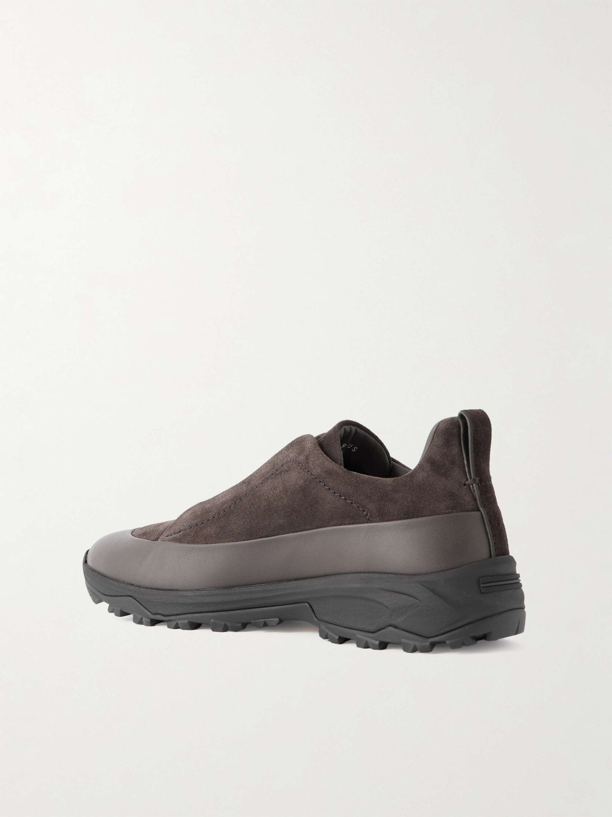 Zegna Triple Stitch Monte Suede Sneakers in dark brown, back three-quarter view | The Quiet Edition