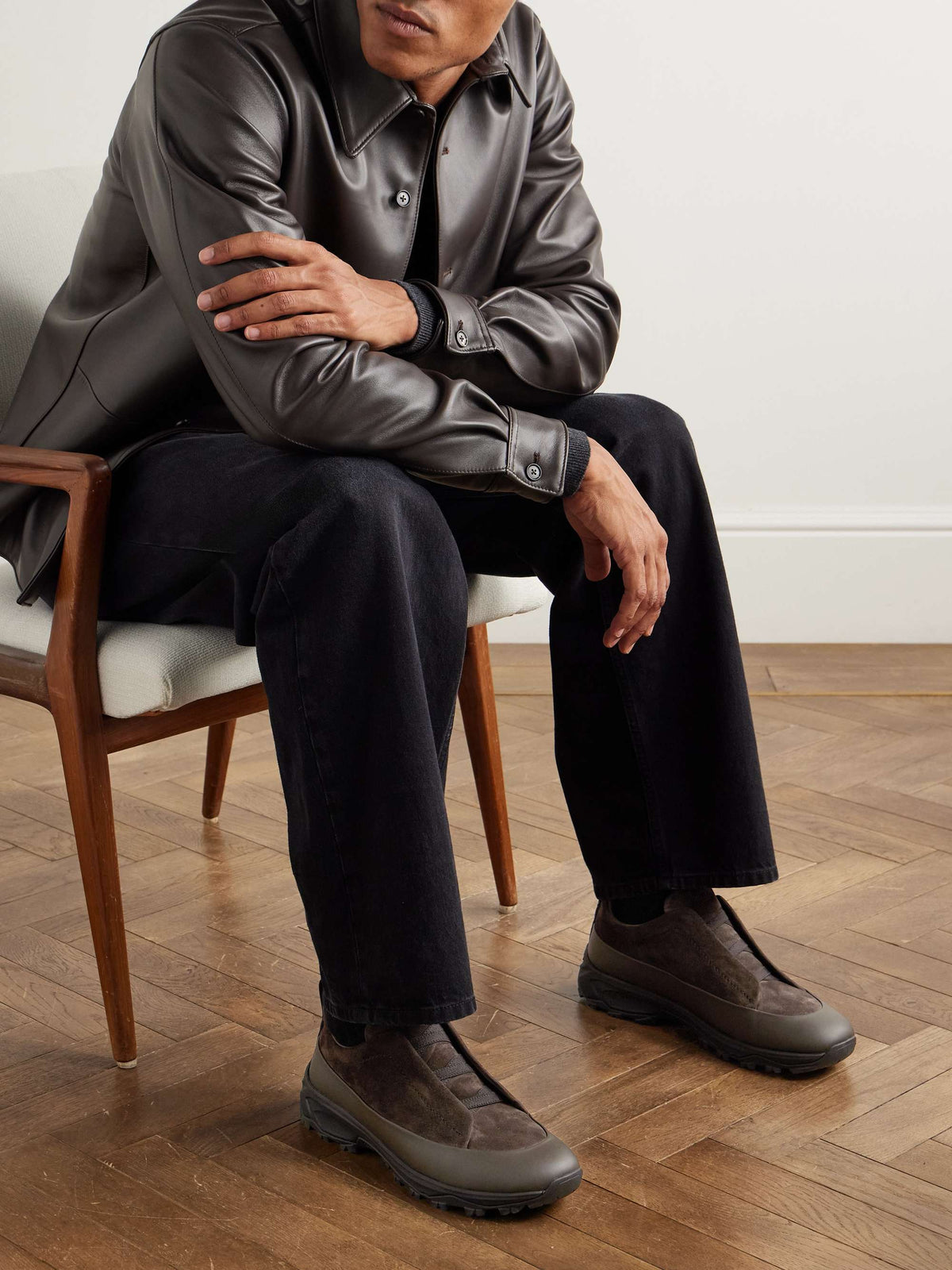 Zegna Triple Stitch Monte Suede Sneakers in dark brown, worn view | The Quiet Edition