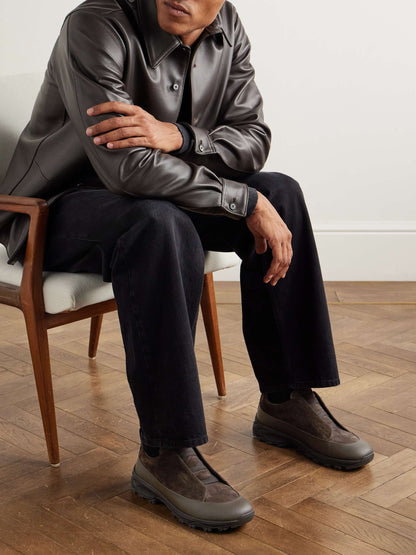 Zegna Triple Stitch Monte Suede Sneakers in dark brown, worn view | The Quiet Edition