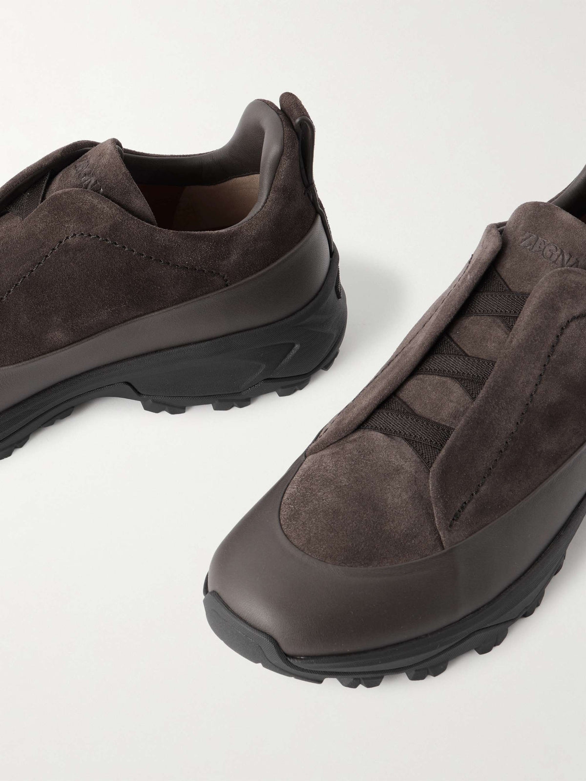 Zegna Triple Stitch Monte Suede Sneakers in dark brown, toe detail | The Quiet Edition