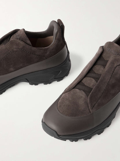 Zegna Triple Stitch Monte Suede Sneakers in dark brown, toe detail | The Quiet Edition