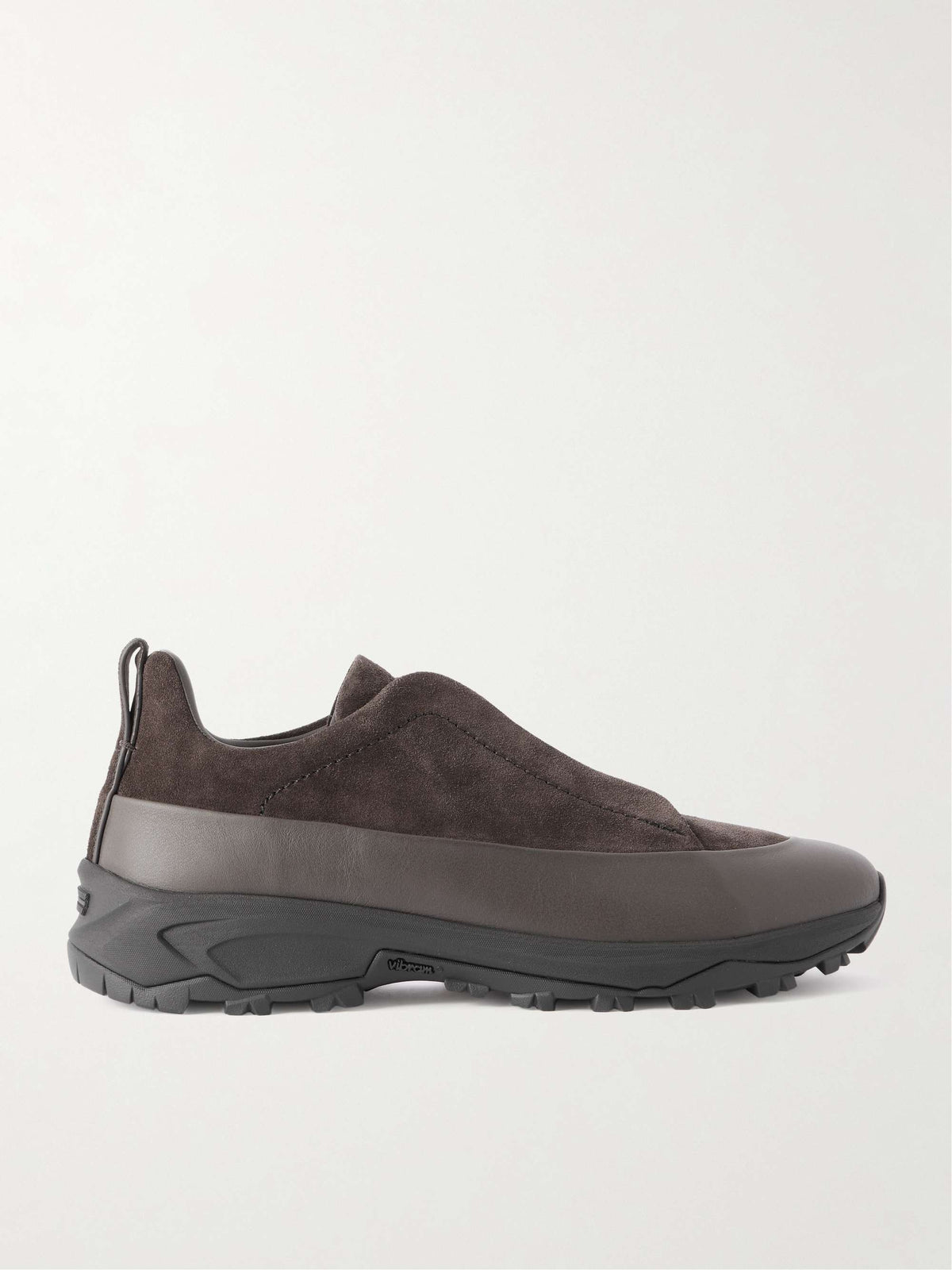Zegna Triple Stitch Monte Suede Sneakers in dark brown, side view | The Quiet Edition