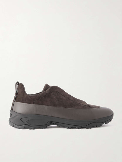 Zegna Triple Stitch Monte Suede Sneakers in dark brown, side view | The Quiet Edition